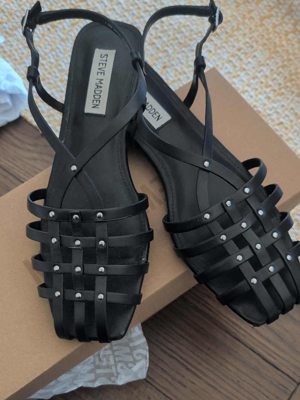 Steve Madden Black Studded Woven Strappy Sandals